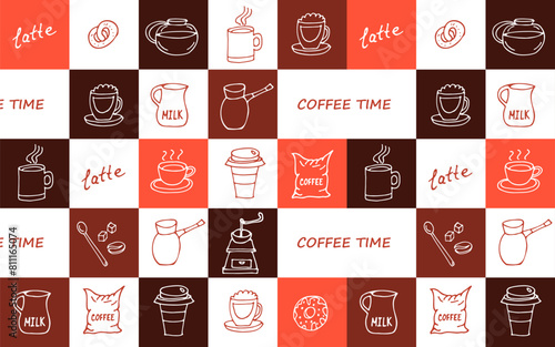 Vector seamless colored checkered pattern with hand drawn coffee accessories in cartoon style.
Coffeeware in brown, red and white colors. Pattern for textile, wrapping paper with coffee accessories.