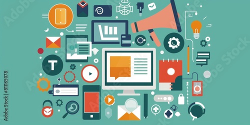 Wallpaper Mural A computer monitor with a lot of icons and a large red megaphone. The megaphone is pointing to the word "T" on the screen Torontodigital.ca