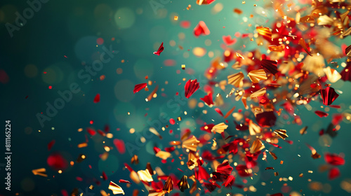 Scarlet red and bright gold confetti cascading down a dark teal background, evoking a luxurious celebration.