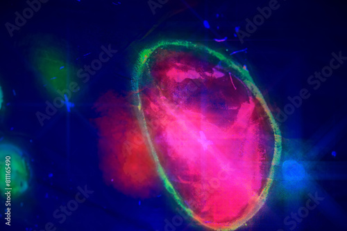 Abstract spots are a glowing blue-red sphere on a dark background.