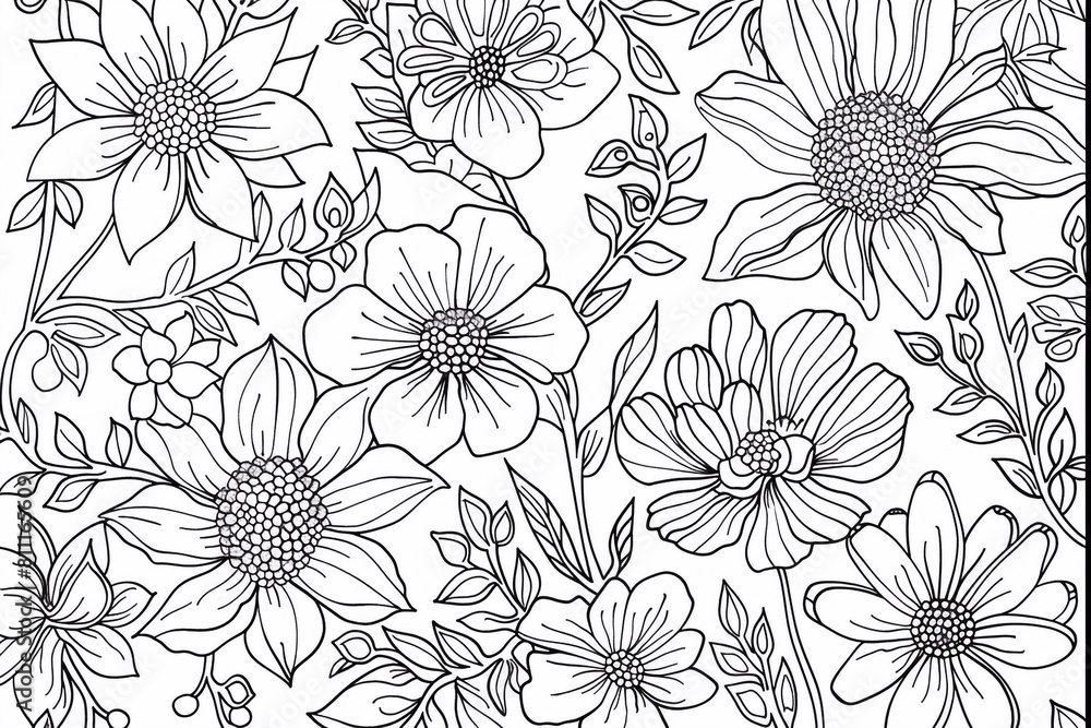 Coloring book antistress field, nature and flowers Coloring book antistress field, nature and flowers