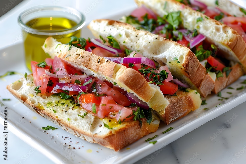 Italian chopped sandwich, presented on a sleek white platter. The ingredients finely chopped and artfully arranged, showcasing their colorful variety.