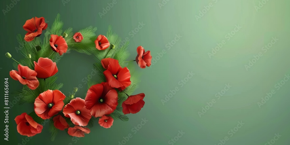 A wreath of red flowers with green leaves A wreath of red flowers with green leaves