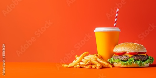 A hamburger, french fries, and a straw are on a table photo