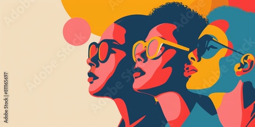 Three women with sunglasses on their faces. The women are wearing colorful glasses and are looking up at something