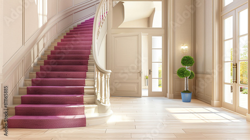 Side view of a luxurious home entry with a magenta staircase elegant front door and broad light hardwood floors extending to a soaring ceiling Rich color contrast
