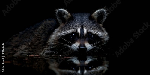 A raccoon is in the water, looking at the camera. The image has a dark mood, with the raccoon's reflection in the water adding to the sense of mystery and intrigue photo