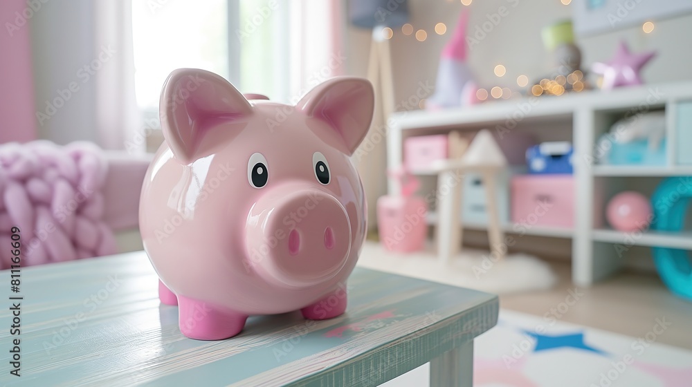 cute piggy bank with copy space nursery children's room background, cozy happy home interior, financial for kid concept, Generative Ai cute piggy bank with copy space nursery children's room background, cozy happy home interior, financial for kid concept, Generative Ai