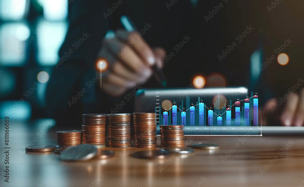 Stack of gold coins with upward financial graphs representing business investment growth, savings increase, and profit management in stock and forex trading. Stack of gold coins with upward financial graphs representing business investment growth, savings increase, and profit management in stock and forex trading.