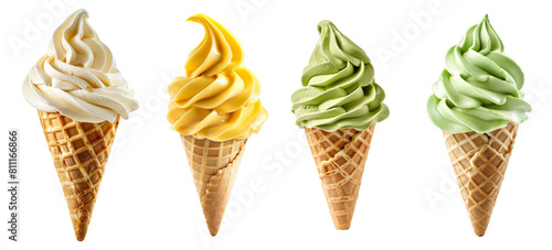 serve vanilla mango green Ice cream swirl on waffle cone on transparent background cutout, PNG file.