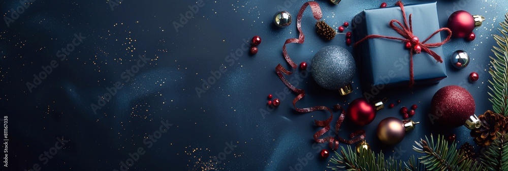 Dark blue gift box and Christmas decorations on dark background. Top view of greeting gift with copy space for Christmas present, holiday or birthday Dark blue gift box and Christmas decorations on dark background. Top view of greeting gift with copy space for Christmas present, holiday or birthday