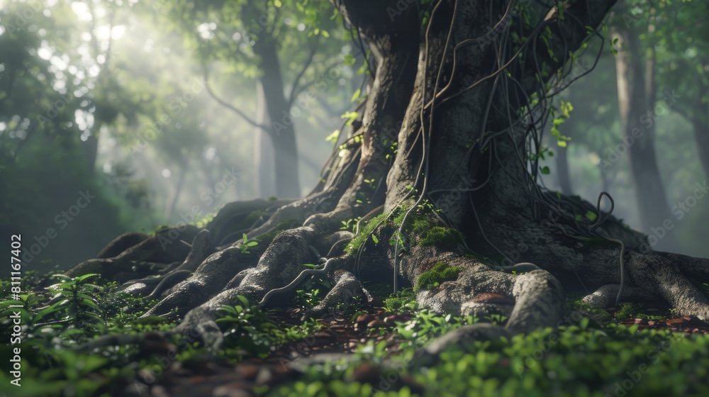 Fototapeta premium A tree standing in the middle of a dense forest. Suitable for nature and environment concepts