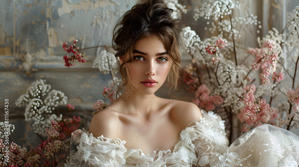 Woman in a white floral dress with a thoughtful expression surrounded by flowers Woman in a white floral dress with a thoughtful expression surrounded by flowers