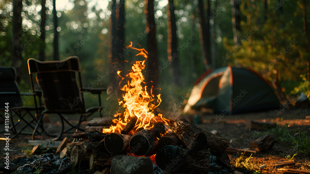 Beautiful bonfire with burning firewood near chai camp, generative Ai