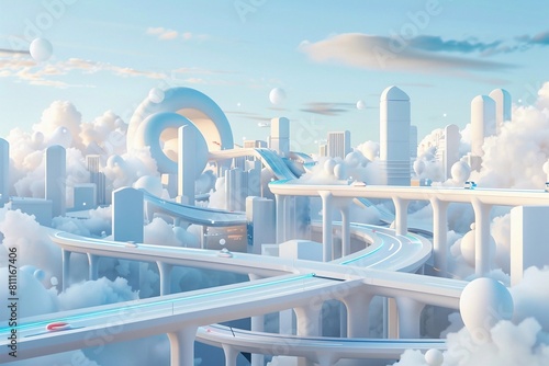 Future City Center, overpass, Technology and intelligence, 3D icon, cartoon, super cute, clay, blue-white, gradient 