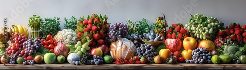 A table full of fruits and vegetables including apples, grapes, bananas