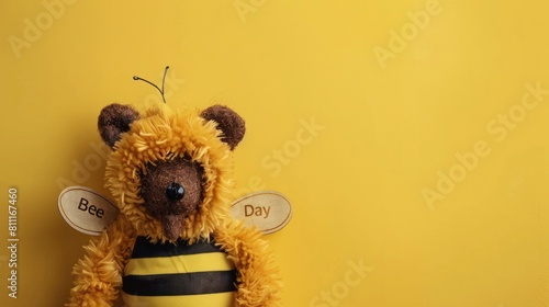 Bear in a bee costume on a yellow background with the text Bee Day concept.