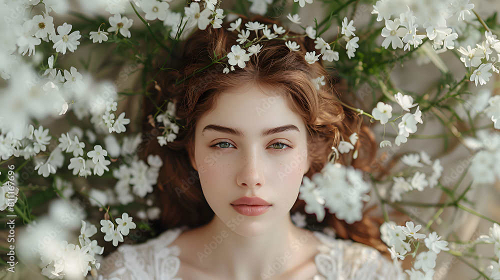 Woman with flowers in hair lying down surrounded by white blosso Woman with flowers in hair lying down surrounded by white blosso