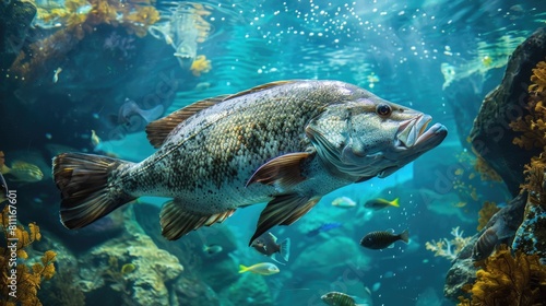 Fish Under Water. Big Cod Fishes in Aquarium Tank, Blue Creature Attraction
