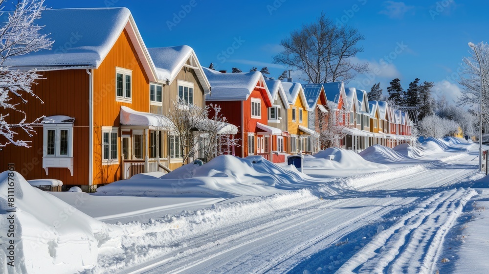 Houses Winter. Residential Community Covered in Snow During Winter Season