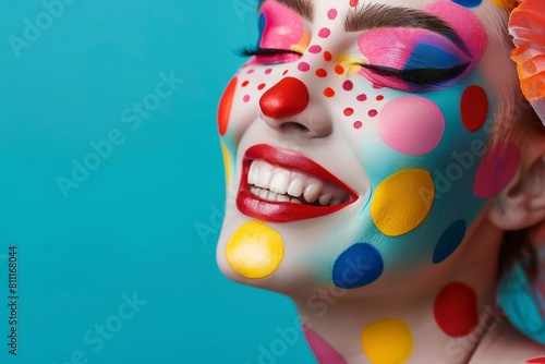 Woman with clown makeup laughing with space for text against studio blue background
