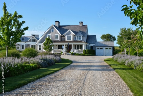 Farm House. Large Country Home with Front Driveway and Garage Exterior © AIGen