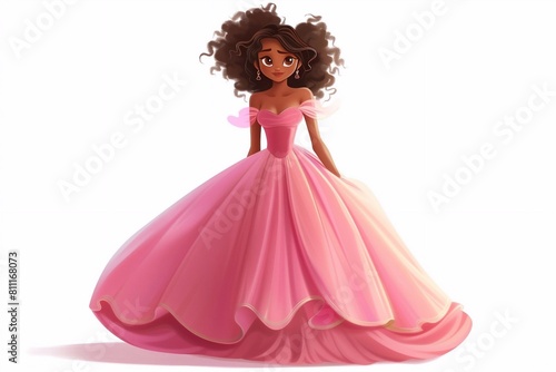 Cute and pretty cartoon princess standing and wearing pink ball dress. Dark curly hair, big brown eyes.