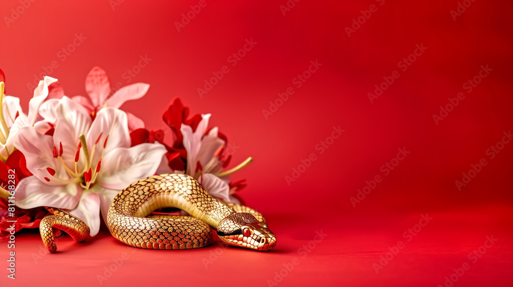 gold lucky snake new year 2025 and flower with space for text, r gold lucky snake new year 2025 and flower with space for text, r