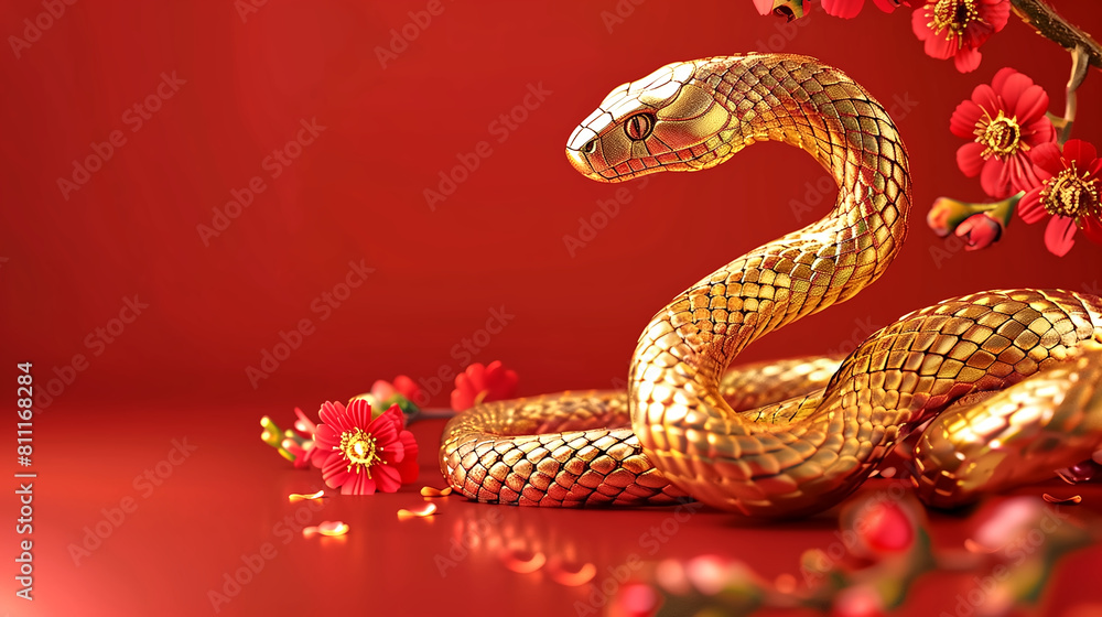 gold lucky snake new year 2025 and flower with space for text, r gold lucky snake new year 2025 and flower with space for text, r