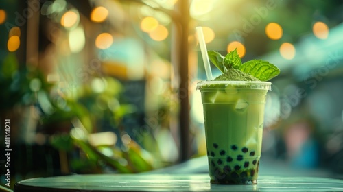 Matcha Bubble boba milk tea cup with tapioca pearls on table at cafe, copy space, blurred background. Festive holiday card for summer birthday party. Summer drink concept. Generative ai