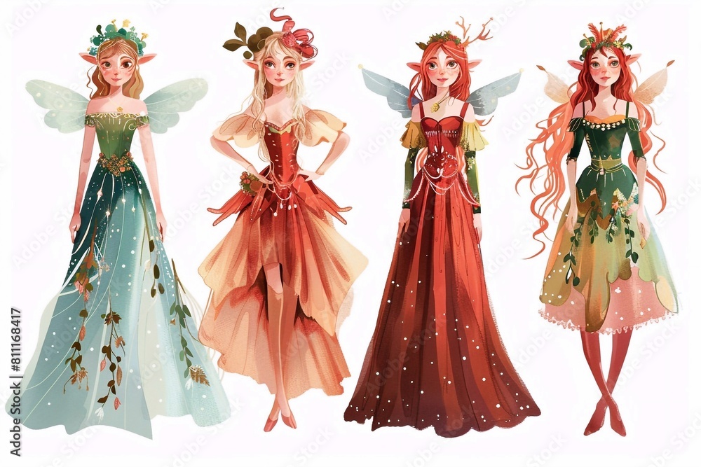 Set beautiful fairytale Elf princess on white background. Children's illustration for print or sticker. Isolated illustration. Romantic story. Wonderland. Postcard for friends or family. Vector Set beautiful fairytale Elf princess on white background. Children's illustration for print or sticker. Isolated illustration. Romantic story. Wonderland. Postcard for friends or family. Vector