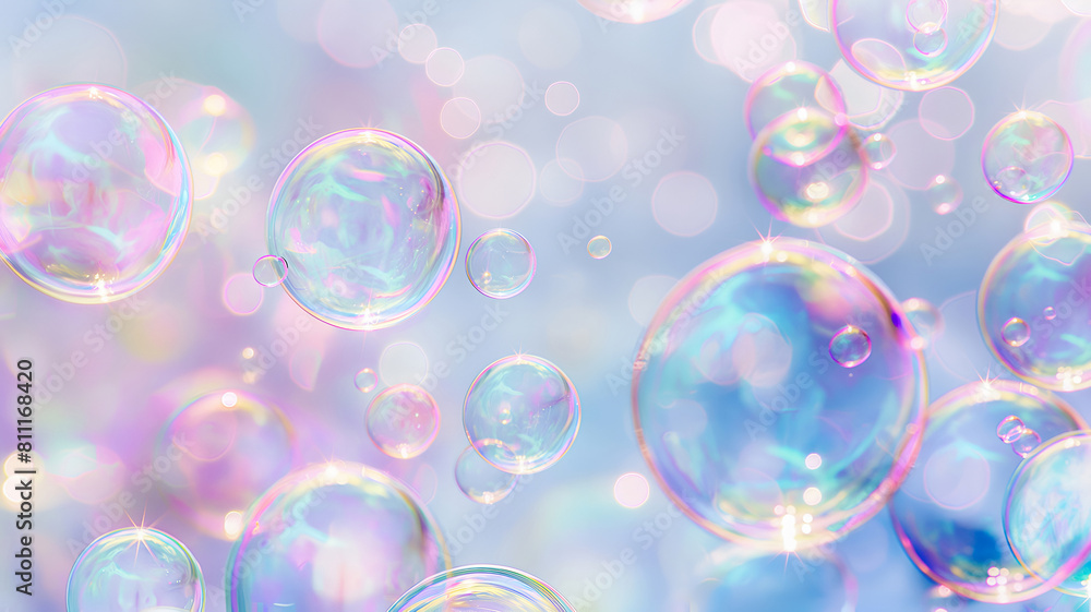 Background with soap bubbles in pastel colors in sunlight. Soap bubbles fly in the backlight. Background with soap bubbles in pastel colors in sunlight. Soap bubbles fly in the backlight.