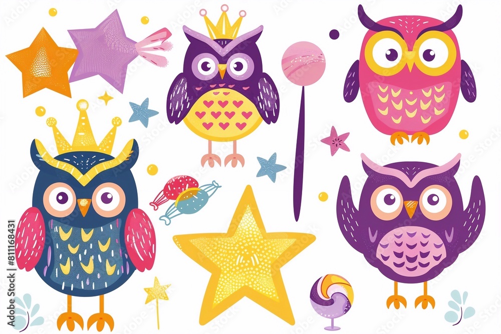 Adorable illustration set cute funny owls with a crown, star, magic wand, candy