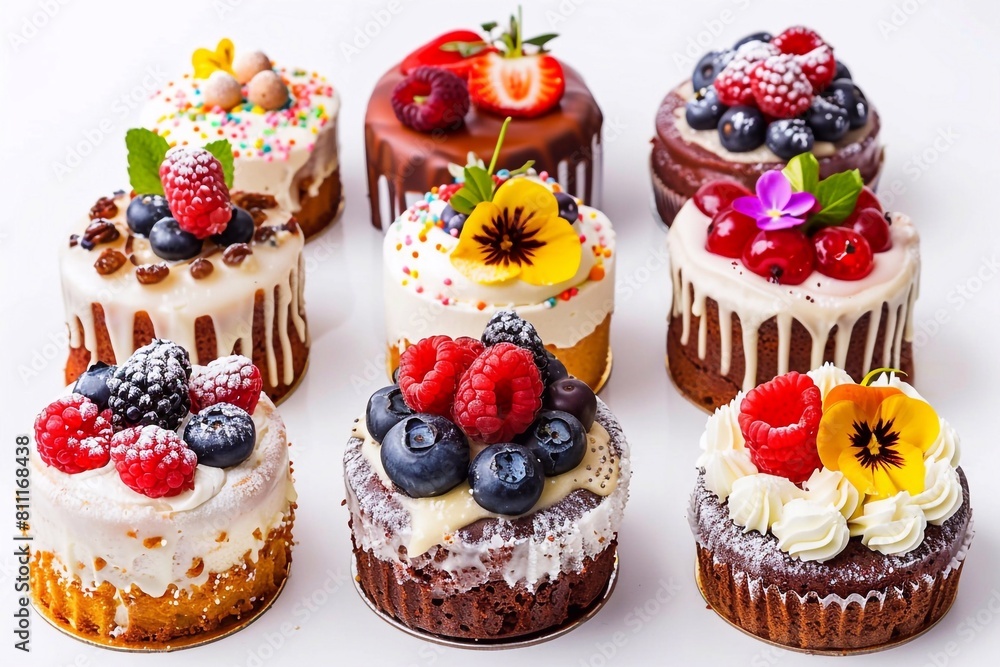 Delicious set of holiday cakes with cream, berries, fruits, flowers and sprinkles on a white background Delicious set of holiday cakes with cream, berries, fruits, flowers and sprinkles on a white background