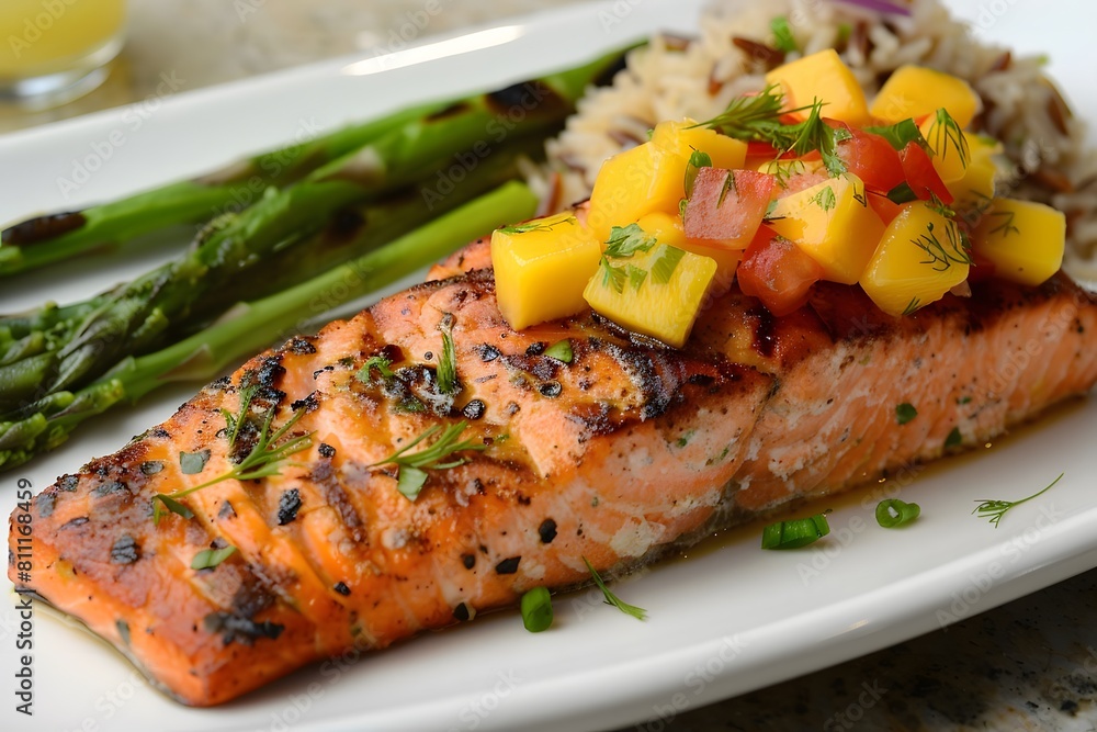 Grilled salmon, showcased on a sleek white platter. The succulent fillet, seasoned with a blend of herbs and spices, is accompanied by a mango salsa that adds a tropical twist. Grilled salmon, showcased on a sleek white platter. The succulent fillet, seasoned with a blend of herbs and spices, is accompanied by a mango salsa that adds a tropical twist.