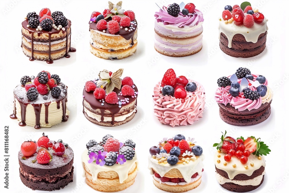 Delicious set of holiday cakes with cream, berries, fruits, flowers and sprinkles on a white background Delicious set of holiday cakes with cream, berries, fruits, flowers and sprinkles on a white background