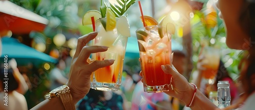 Close-up of hands clinking glasses filled with colorful cocktails, celebrating in a sunlit tropical setting, capturing a festive and sociable atmosphere 1.