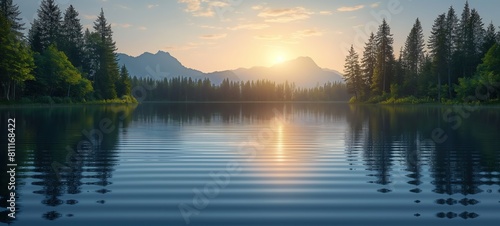 beautiful pure nature place of crystal clear lake with coniferous woodland and mountain as background, summer sunny day, Generative Ai
