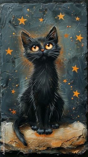 Drawing cartoon portrait of a cute funny black cat against the background of the night starry sky on a textured surface