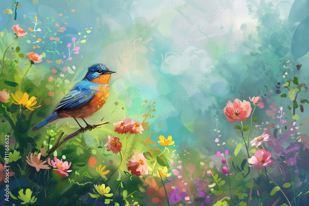Spring song background where a little bird sits on a branch with place for text, magical nature, green background