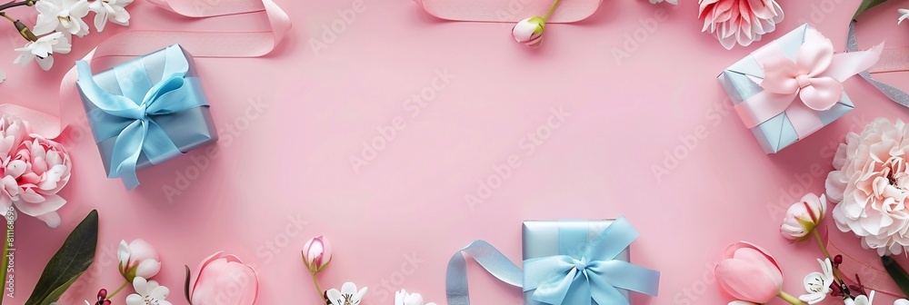 Top view concept photo of woman's day composition gift boxes with bows ribbon flowers on isolated pastel background with copyspace for text banner Top view concept photo of woman's day composition gift boxes with bows ribbon flowers on isolated pastel background with copyspace for text banner
