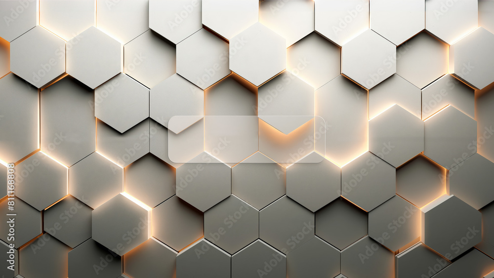Hexagonal wall tiles with central text panel and soft backlighting. Concept of modern interior design, promotional backgrounds Hexagonal wall tiles with central text panel and soft backlighting. Concept of modern interior design, promotional backgrounds