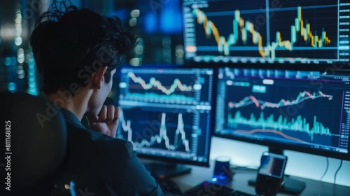 A financial analyst analyzing stock market trends on a computer screen, with various graphs and charts illustrating market movements.