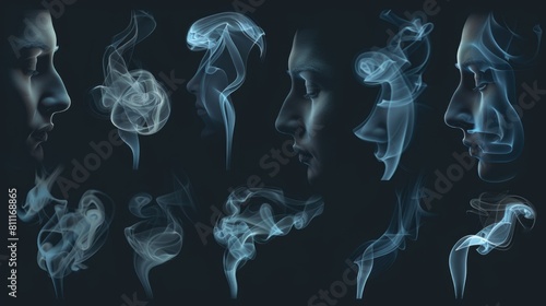 Close-up shots of smoke coming out of a man's mouth. Suitable for health and addiction awareness campaigns