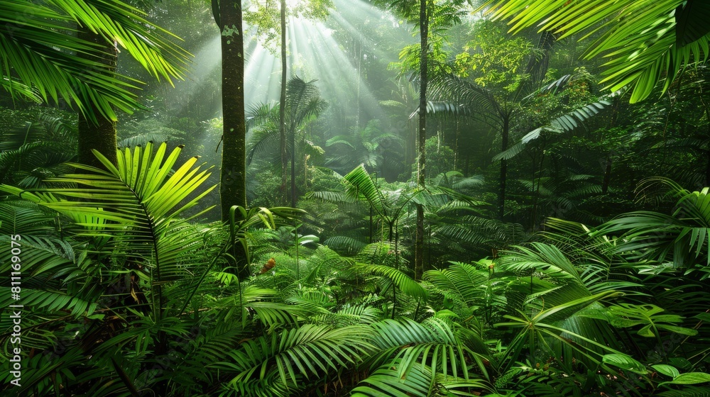 Naklejka premium The rainforest after the rain with sunlight penetrating into the forest