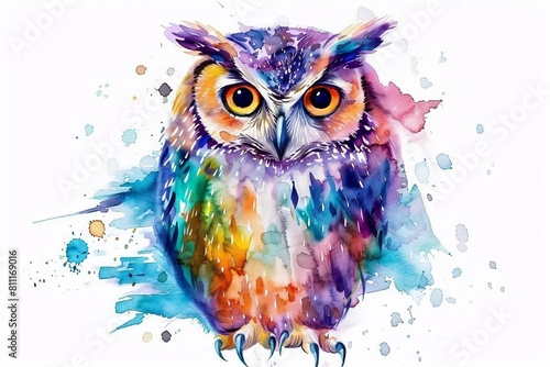 Watercolor illustration of a cheerful owl in various colors isolated on a white background. This attractive and bright owl attracts attention with its colorful plumage, which gives it a special expres photo