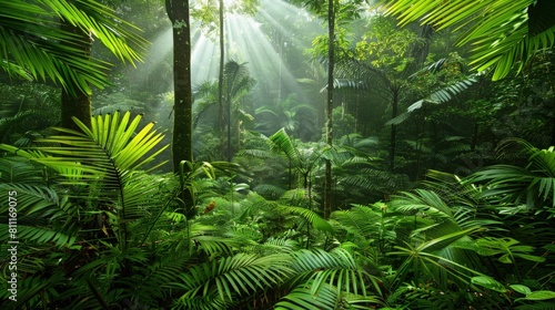 The rainforest after the rain with sunlight penetrating into the forest