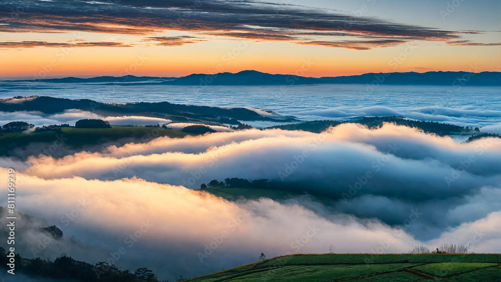 Sea of clouds over fields just after sun rise 16:9 with copyspace