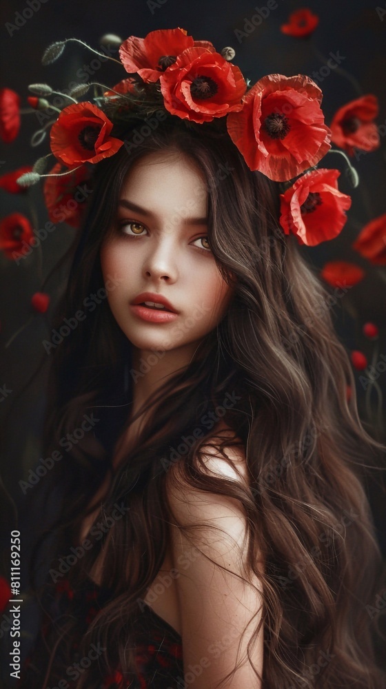 Cute and young beautiful girl with long hair in poppy wreath, vertical photo