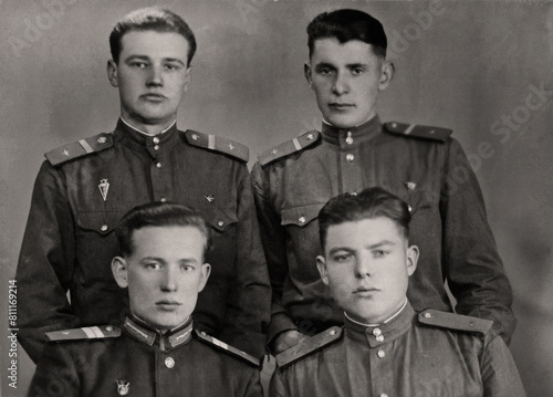 USSR, Kharkov - CIRCA 1955: Vintage photo of a group of Soviet Army soldiers.
